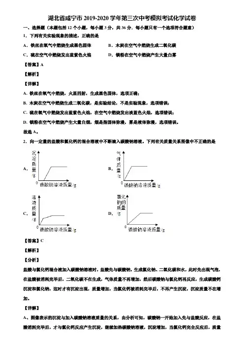 湖北省咸宁市2019-2020学年第三次中考模拟考试化学试卷含解析