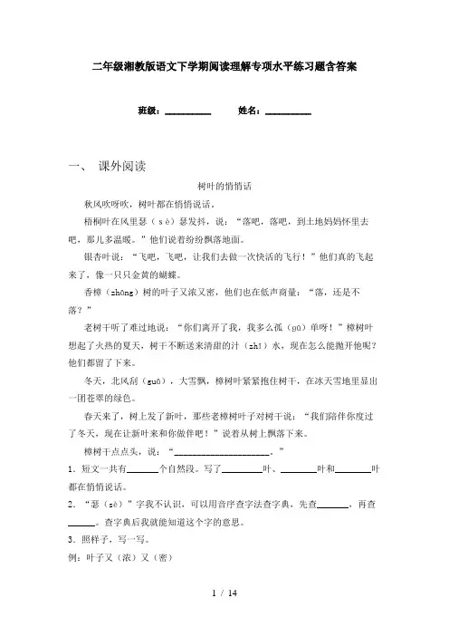 二年级湘教版语文下学期阅读理解专项水平练习题含答案