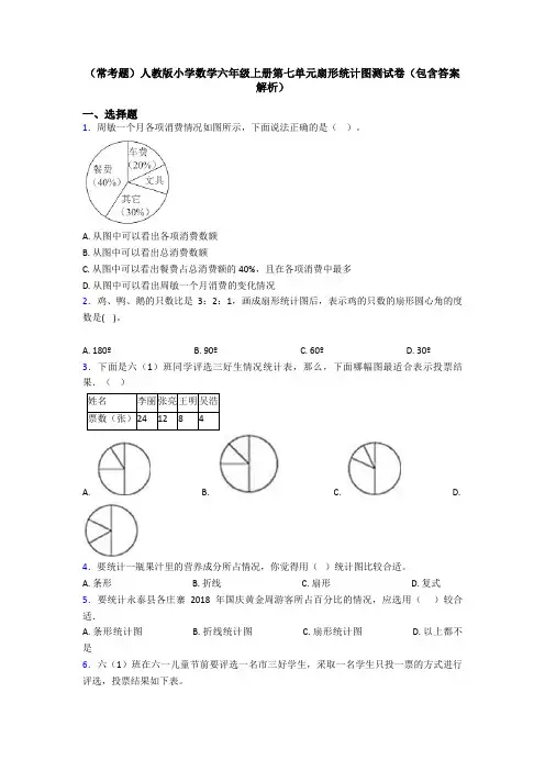 (常考题)人教版小学数学六年级上册第七单元扇形统计图测试卷(包含答案解析)