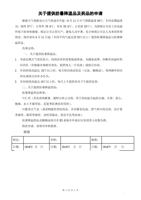 关于提供防暑降温药品及清凉饮料的申请