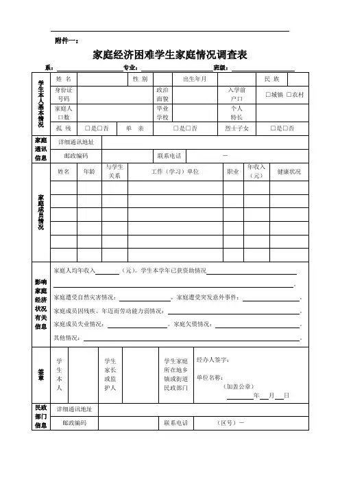 家庭经济困难学生家庭情况调查表