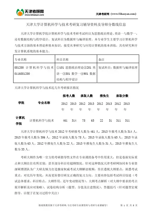 天津大学计算机科学与技术考研复习辅导资料及导师分数线信息
