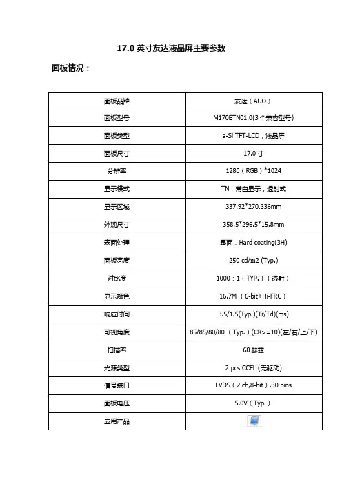友达液晶显示屏参数