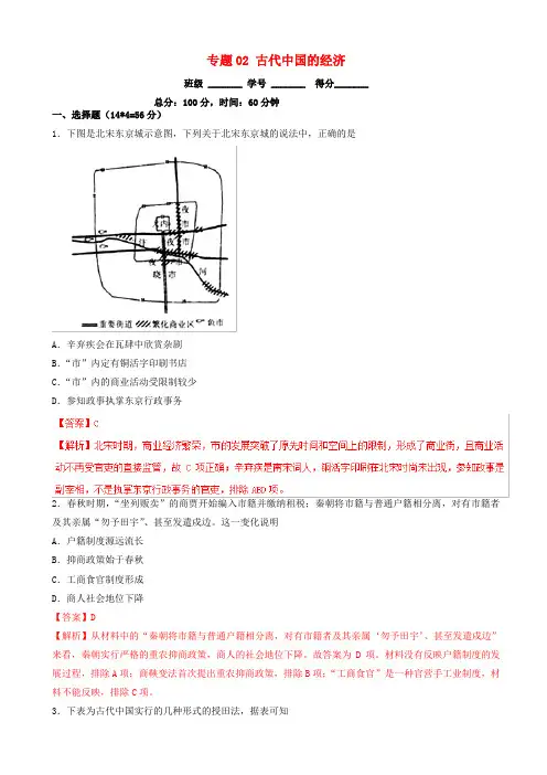 2019年高考历史二轮复习专题02古代中国的经济测含解析2019040154