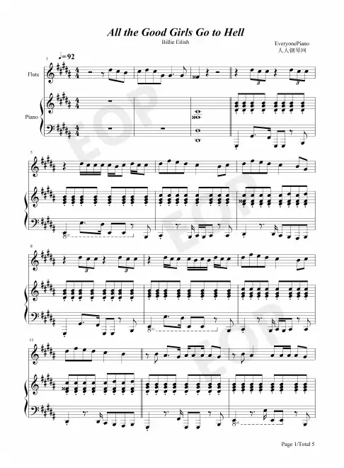 钢琴谱 All the Good Girls Go to Hell 五线谱_共5张(全)