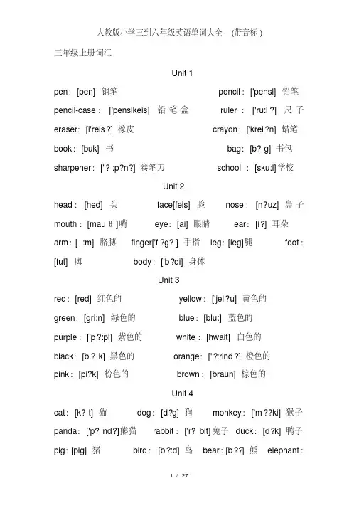 人教版小学三到六年级英语单词大全(带音标)