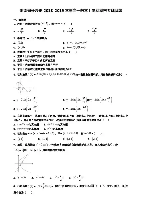 湖南省长沙市2018-2019学年高一数学上学期期末考试试题