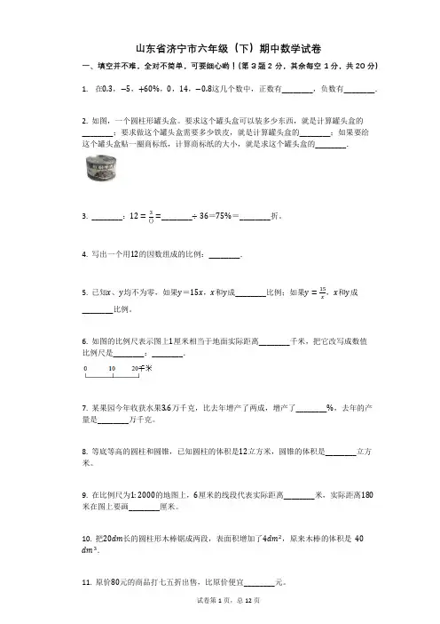 山东省济宁市六年级(下)期中数学试卷有答案