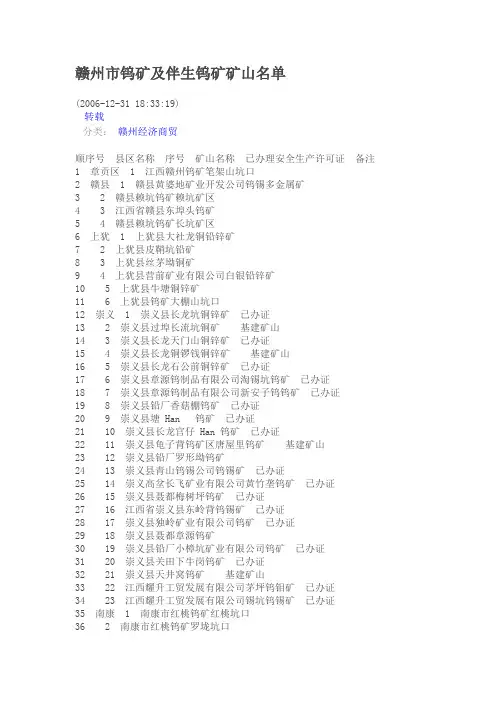 赣州市钨矿及伴生钨矿矿山名单