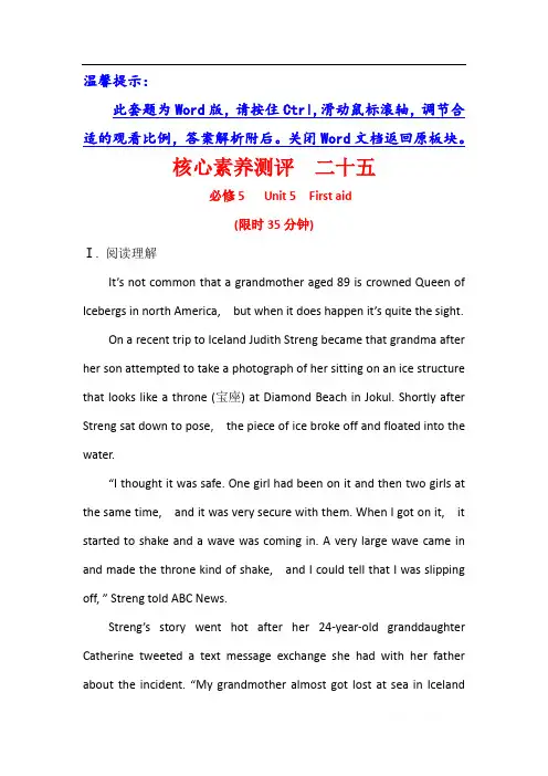 2021版英语名师讲练大一轮复习浙江专用人教版核心素养测评： 二十五 必修5 Unit 5 First aid 