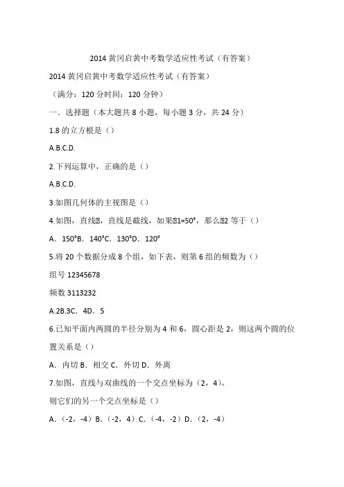 2014黄冈启黄中考数学适应性考试(有答案)