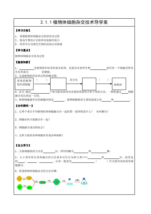 人教版选修三2.1.1植物体细胞杂交技术导学案设计无答案