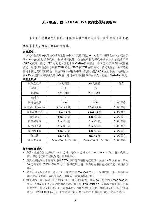 人γ氨基丁酸(GABA)ELISA试剂盒使用说明书