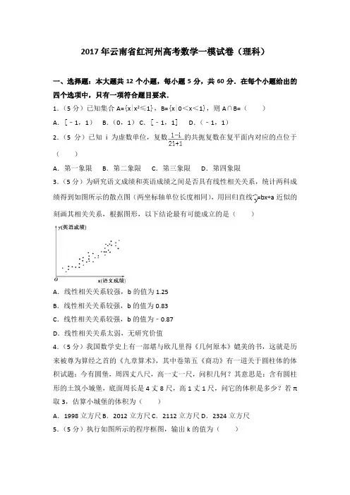 2017年云南省红河州高考数学一模试卷(理科)