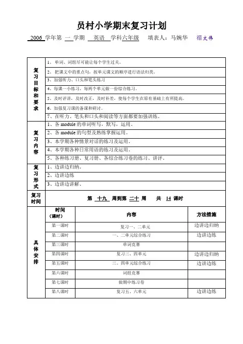 六年级英语第二学期复习计划