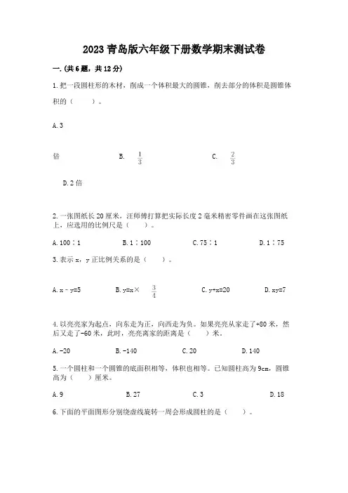 2023青岛版六年级下册数学期末测试卷及参考答案一套