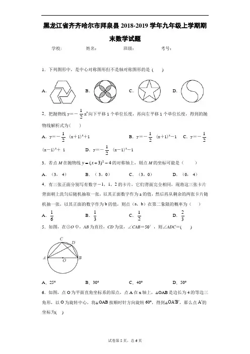 黑龙江省齐齐哈尔市拜泉县2018-2019学年九年级上学期期末数学试题