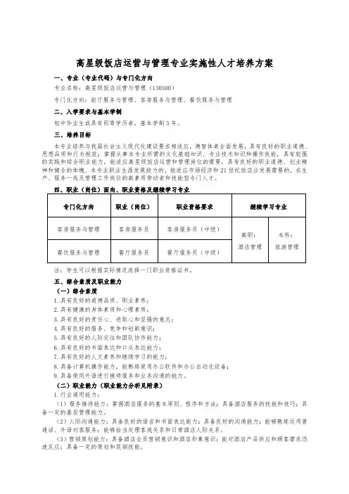 高星级饭店运营与管理专业实施性教学计划(中职)