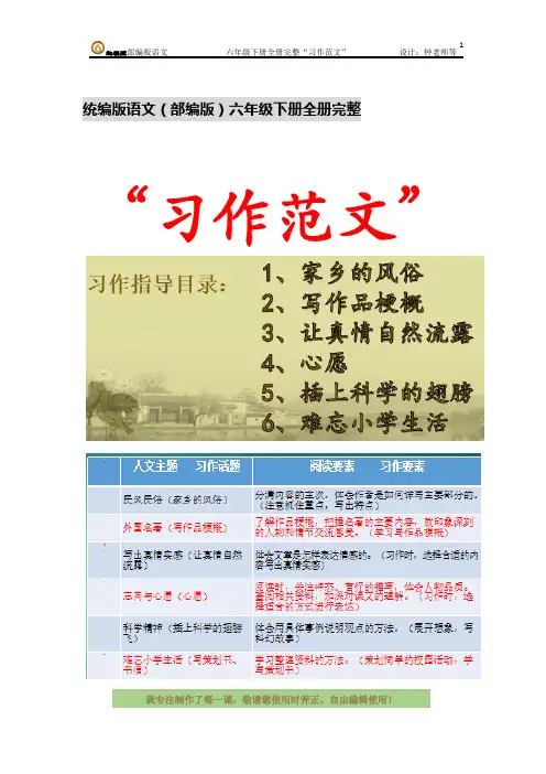 统编版六年级语文下册第五单元完整“习作范文目录(部编版人教版)