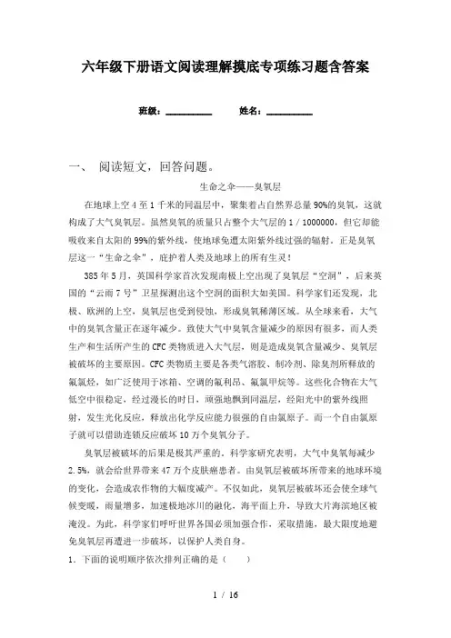 六年级下册语文阅读理解摸底专项练习题含答案