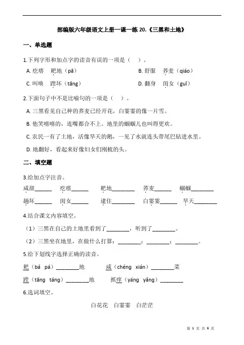 部编版六年级语文上册一课一练20.《三黑和土地》