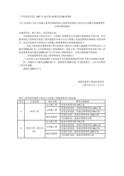 绿化工程和零星建筑工程安全文明施工措施费费率计取标准的通知