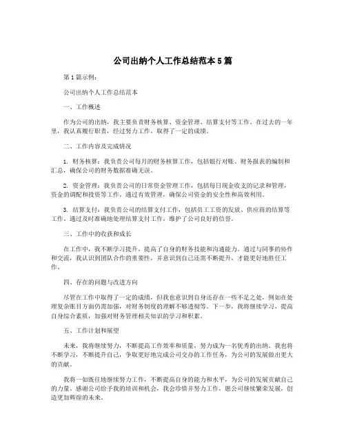 公司出纳个人工作总结范本5篇