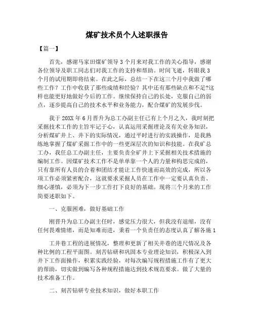 【述职报告范文】煤矿技术员个人述职报告