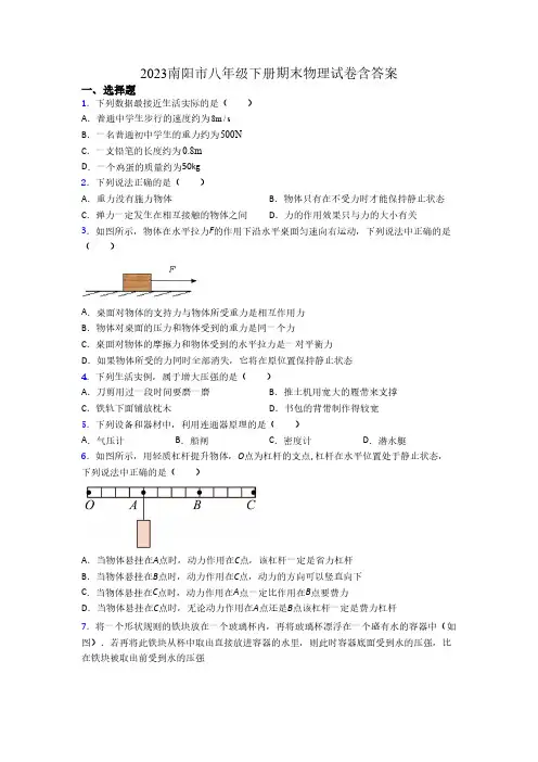 2023南阳市八年级下册期末物理试卷含答案