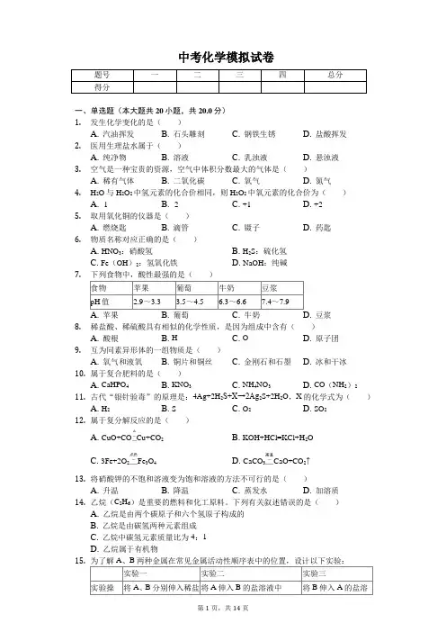 2020年上海市普陀区中考化学模拟试卷含答案