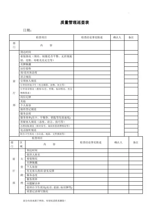 酒店质检表格最新版
