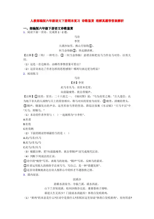 人教部编版六年级语文下册期末复习 诗歌鉴赏 理解真题带答案解析