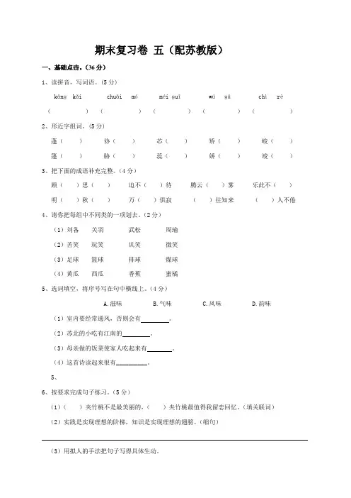苏教版六年级下学期语文期末复习题
