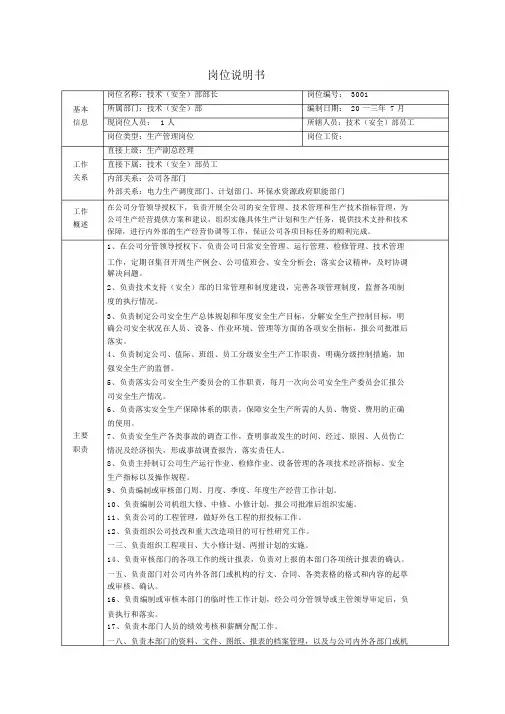 技术支持部岗位说明书