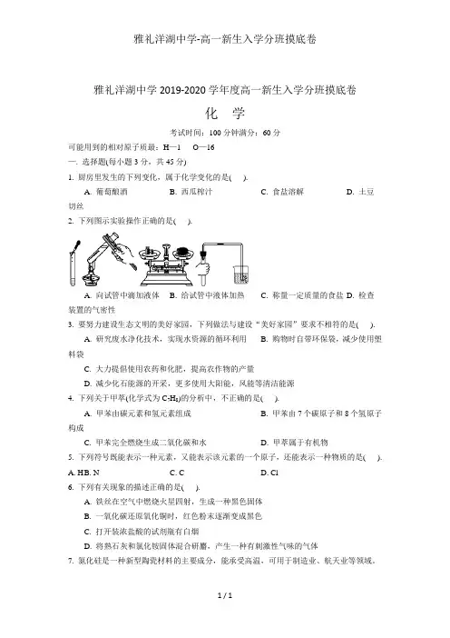 雅礼洋湖中学-高一新生入学分班摸底卷