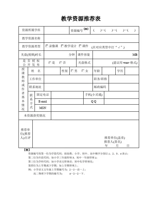 教学资源推荐表