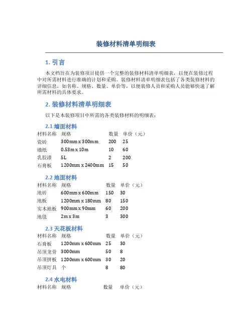 装修材料清单明细表