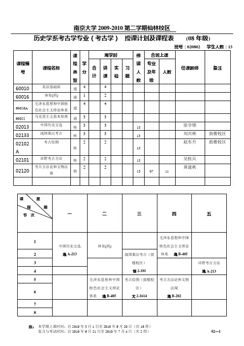 南大历史学系考古学专业(考古学)  授课计划及课程表
