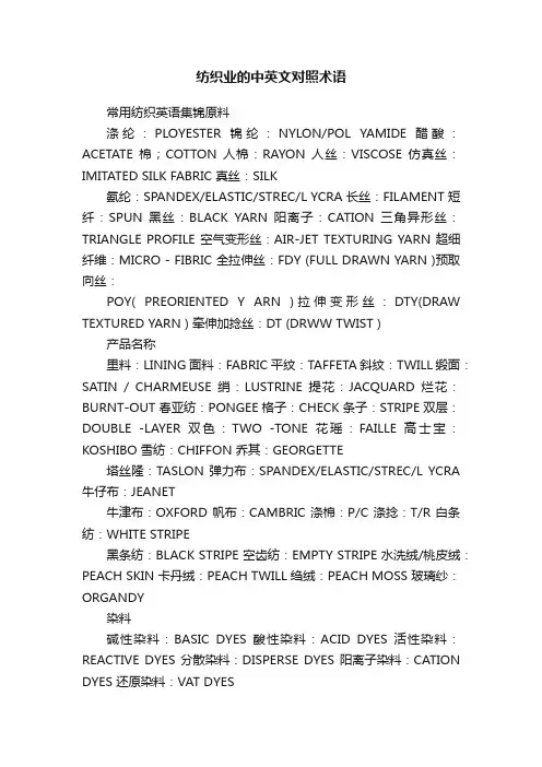 纺织业的中英文对照术语