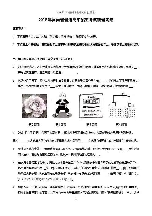 2019年 河南省中考物理试卷 (含答案)