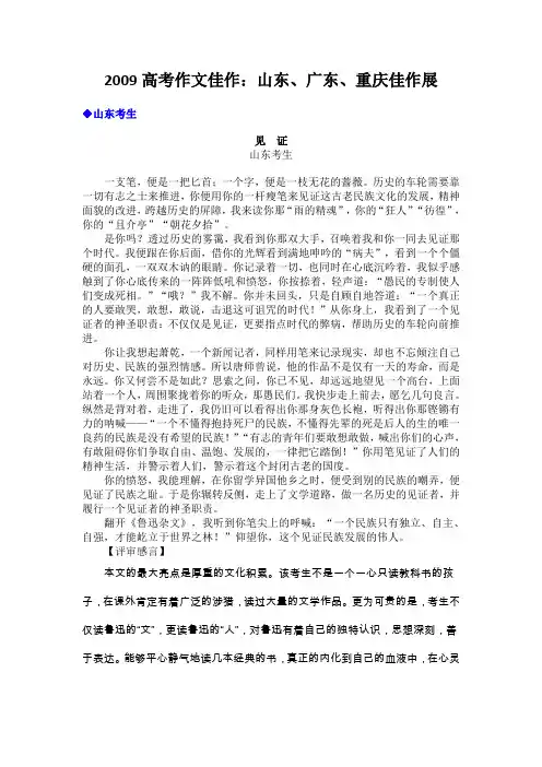 2009高考作文佳作山东广东重庆佳作展