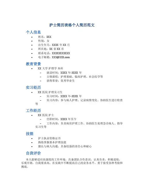 护士简历表格个人简历范文