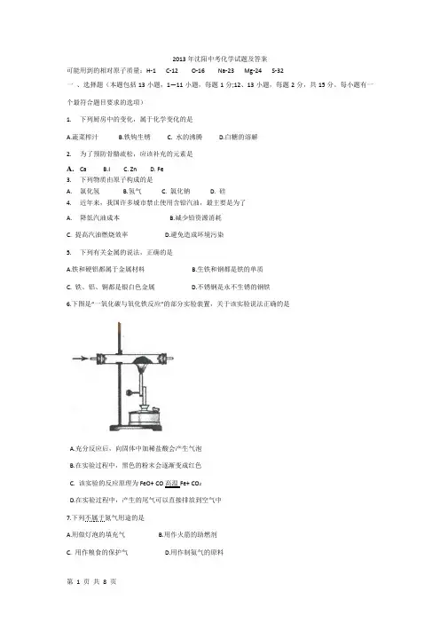 辽宁省沈阳市2013年中考化学试题