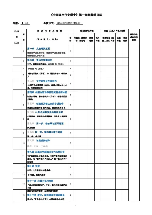 《中国现当代文学史》第一学期教学日历