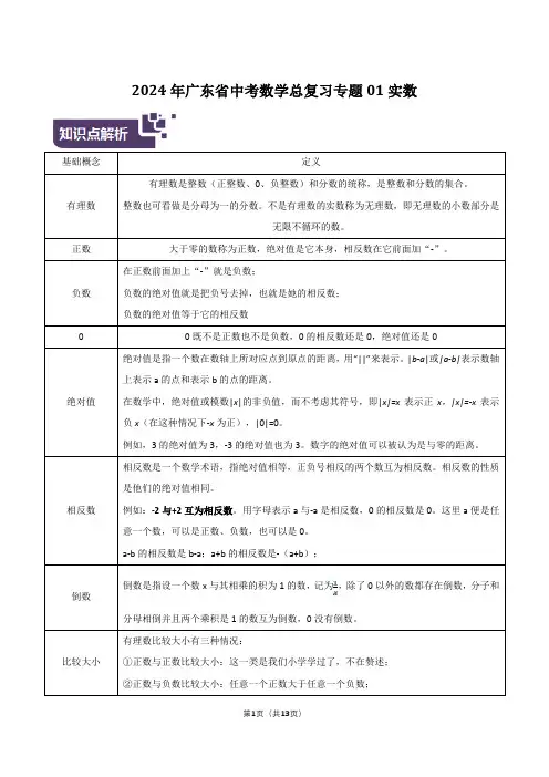 2024年广东省中考数学总复习专题01：实数