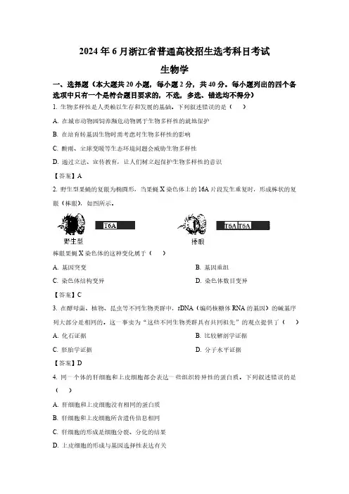 2024年6月浙江省普通高校招生选考科目考试  生物试卷(答案版)
