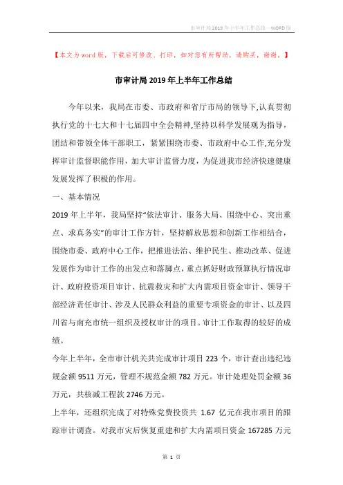 市审计局2019年上半年工作总结