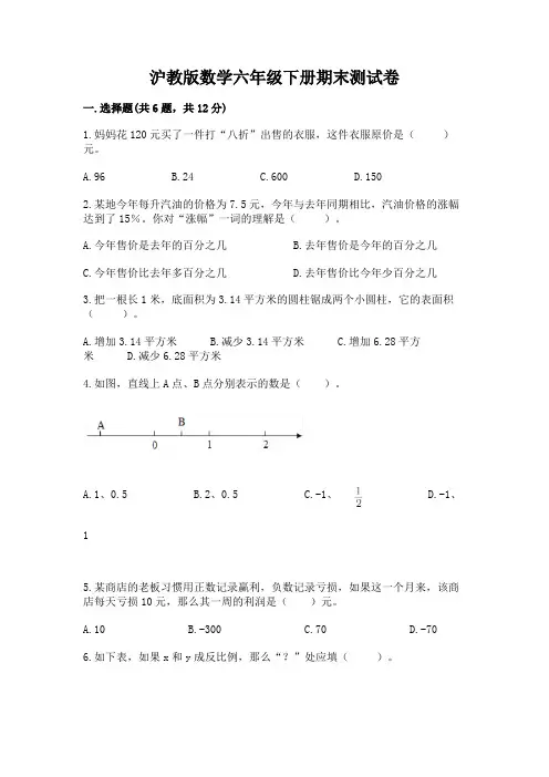 沪教版数学六年级下册期末测试卷(能力提升)