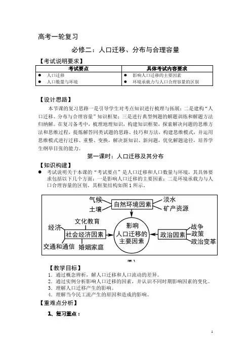 高三地理一轮复习：人口迁移、分布和人口合理容量教案(第1课时)