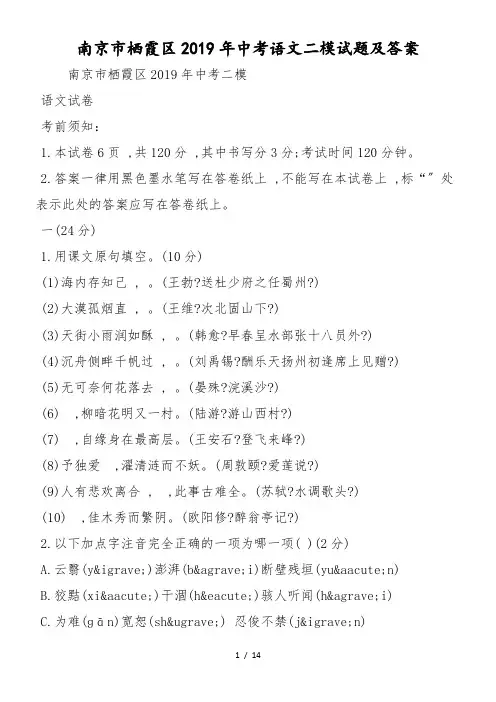 南京市栖霞区中考语文二模试题及答案